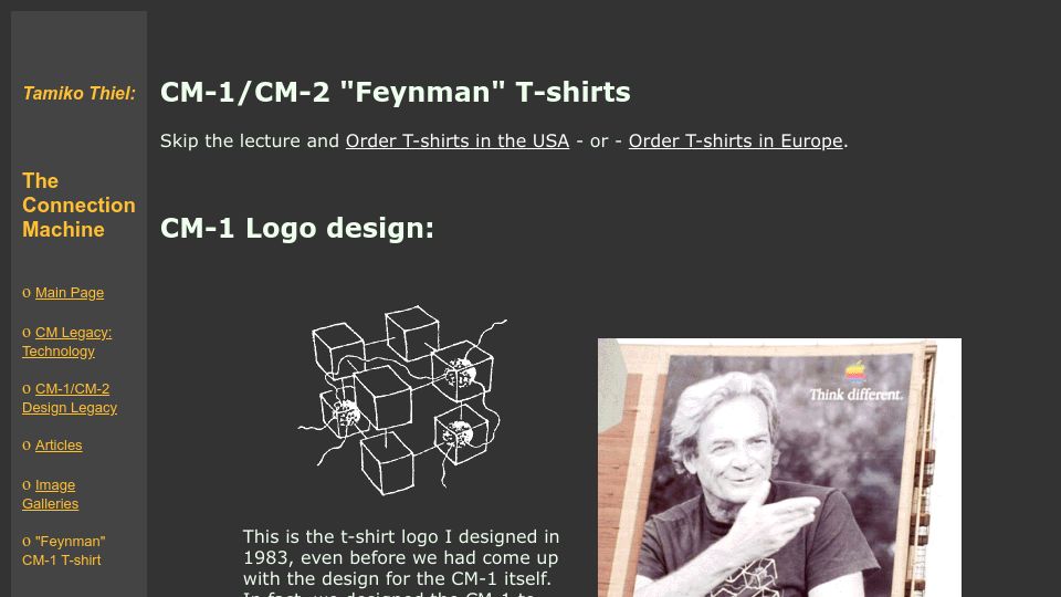 Screenshot of tamikothiel.com: The Connection Machine CM-1 "Feynman" T-shirt