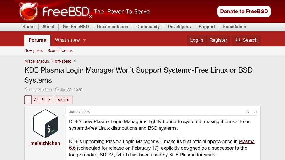 Screenshot of forums.freebsd.org: KDE's new Plasma Login Manager is tightly bound to systemd