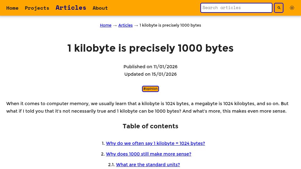 Screenshot of waspdev.com: 1 kilobyte is precisely 1000 bytes?