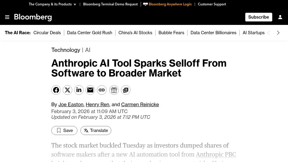 Screenshot of bloomberg.com: Anthropic AI tool sparks selloff from software to broader market