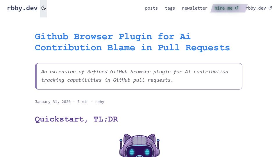 Screenshot of blog.rbby.dev: GitHub Browser Plugin for AI Contribution Blame in Pull Requests