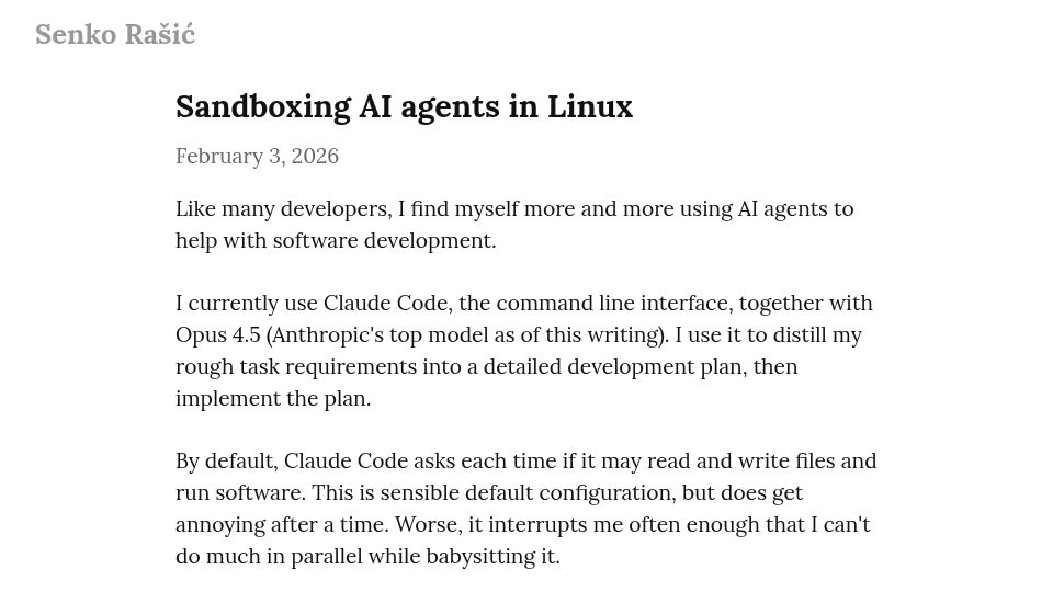 Screenshot of blog.senko.net: Sandboxing AI Agents in Linux