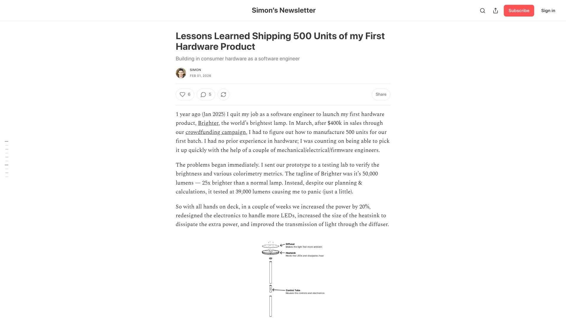 Screenshot of simonberens.com: Lessons learned shipping 500 units of my first hardware product