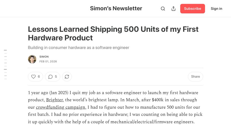 Screenshot of simonberens.com: Lessons learned shipping 500 units of my first hardware product