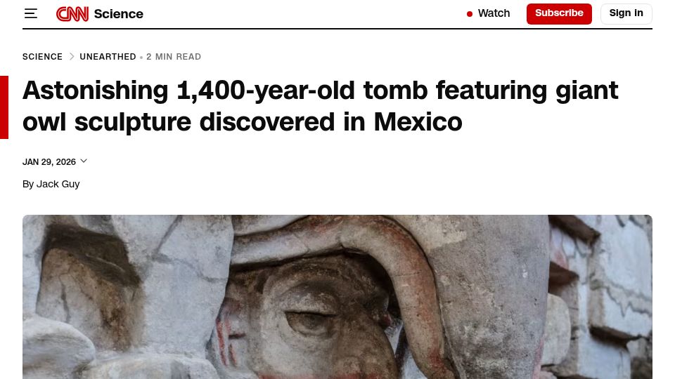 Screenshot of cnn.com: 1,400-year-old tomb featuring giant owl sculpture discovered in Mexico