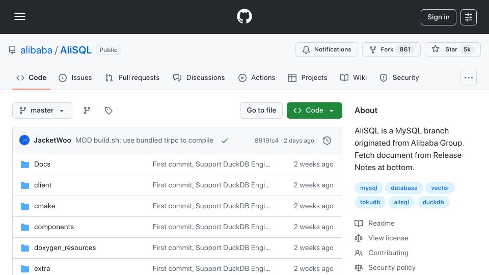 Screenshot of github.com: AliSQL: Alibaba's open-source MySQL with vector and DuckDB engines