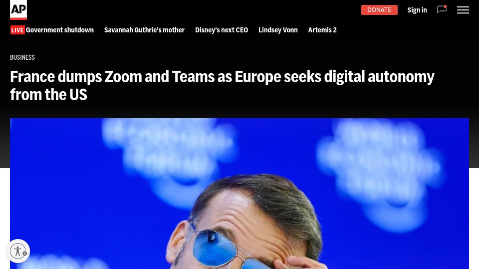 Screenshot of apnews.com: France dumps Zoom and Teams as Europe seeks digital autonomy from the US