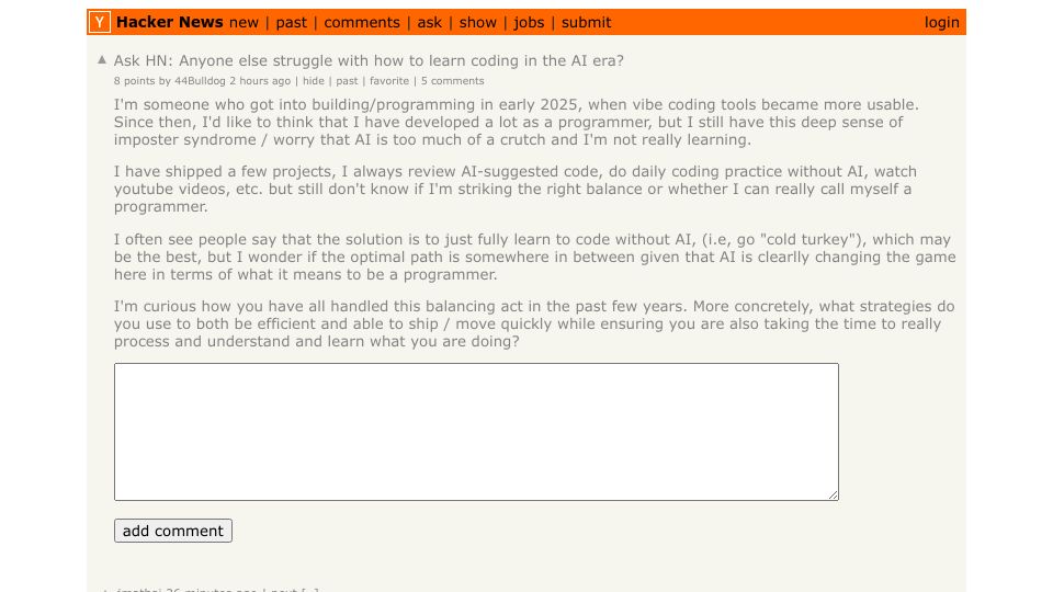 Screenshot of Hacker News post: Ask HN: Anyone else struggle with how to learn coding in the AI era?