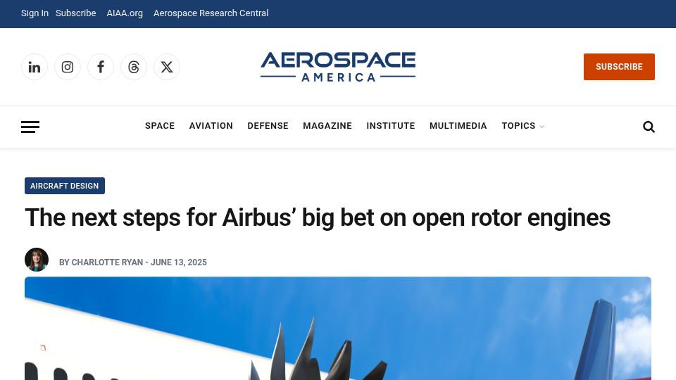 Screenshot of aerospaceamerica.aiaa.org: The next steps for Airbus' big bet on open rotor engines