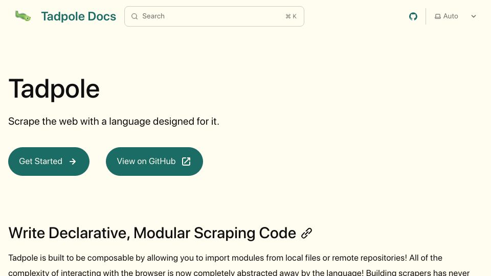 Screenshot of tadpolehq.com: Tadpole – A modular and extensible DSL built for web scraping