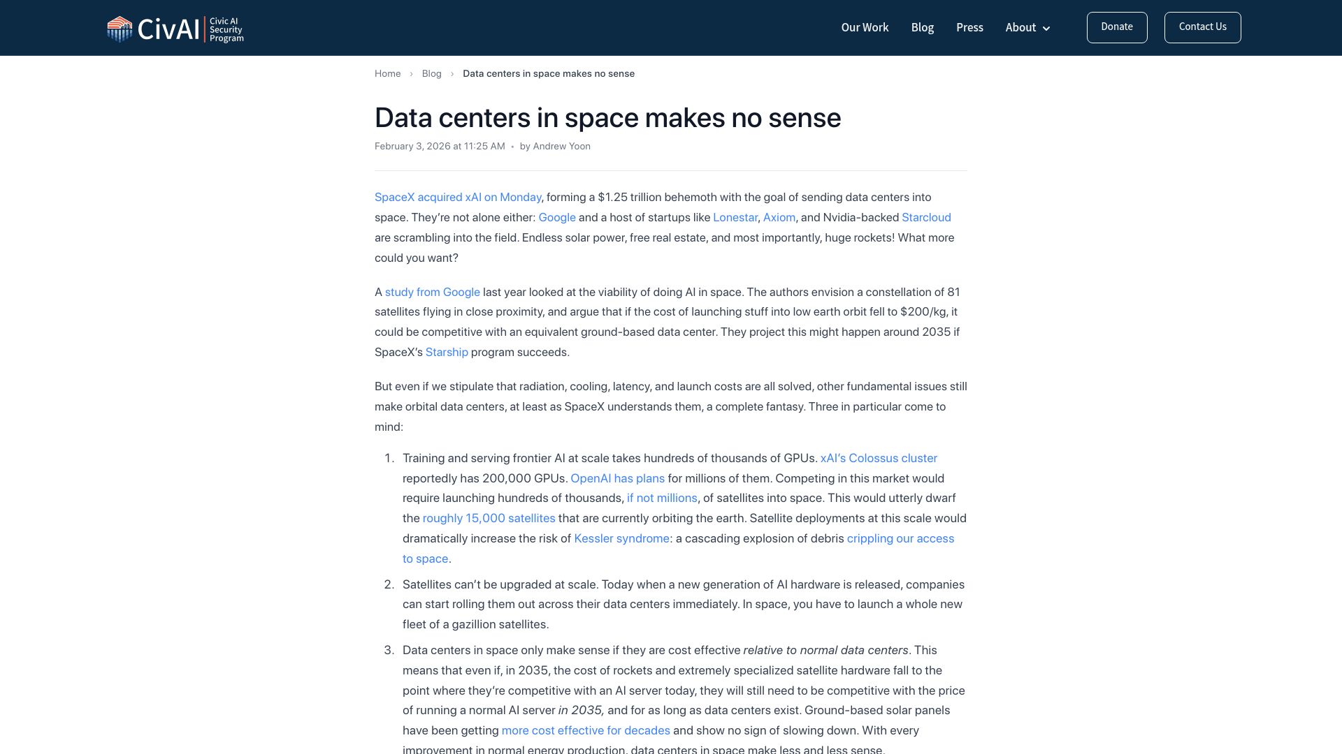 Screenshot of civai.org: Data centers in space makes no sense