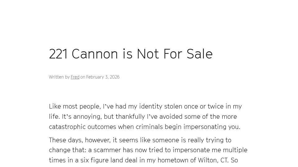Screenshot of fredbenenson.com: 221 Cannon is Not For Sale