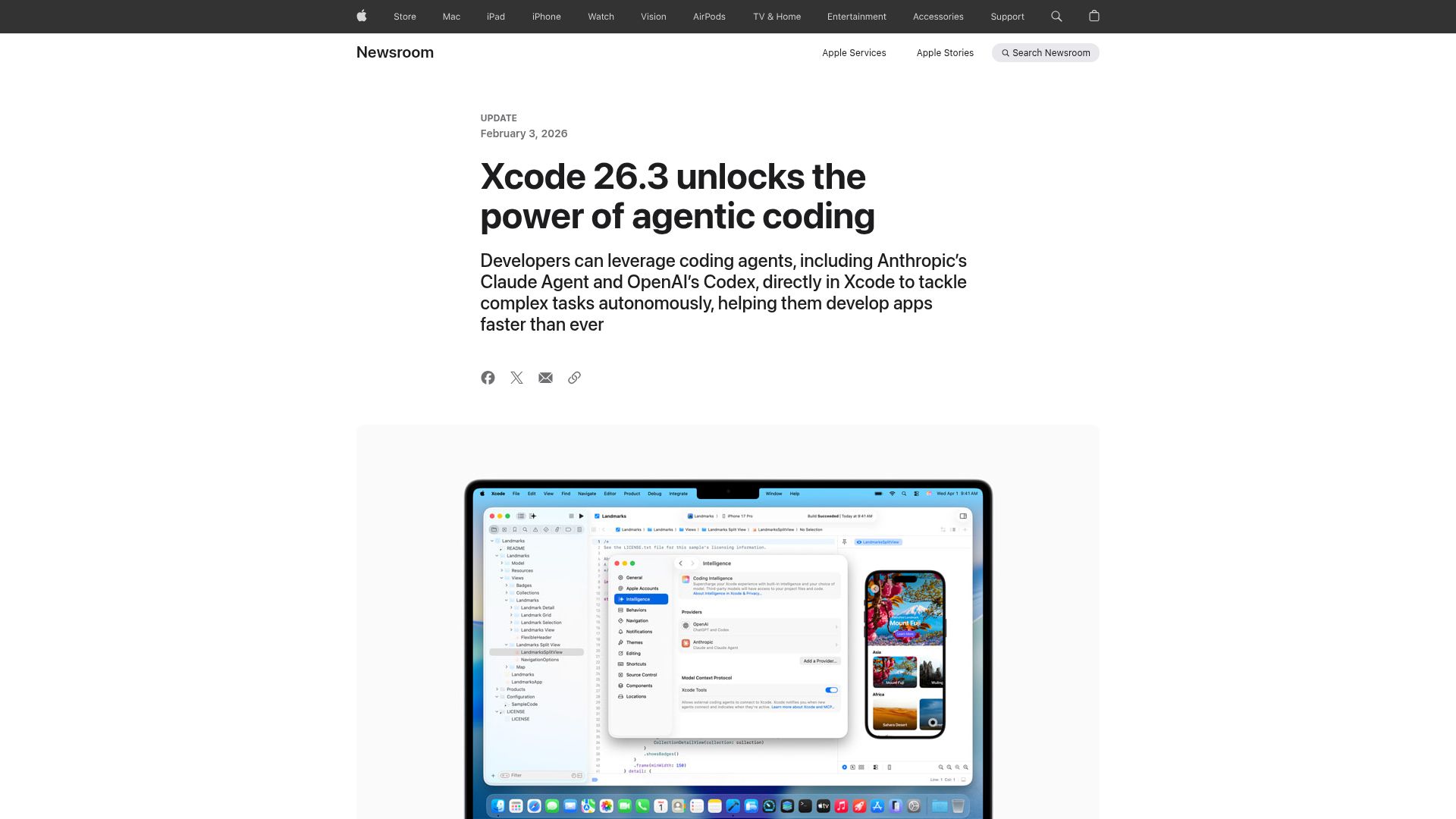 Screenshot of apple.com: Xcode 26.3 – Developers can leverage coding agents directly in Xcode