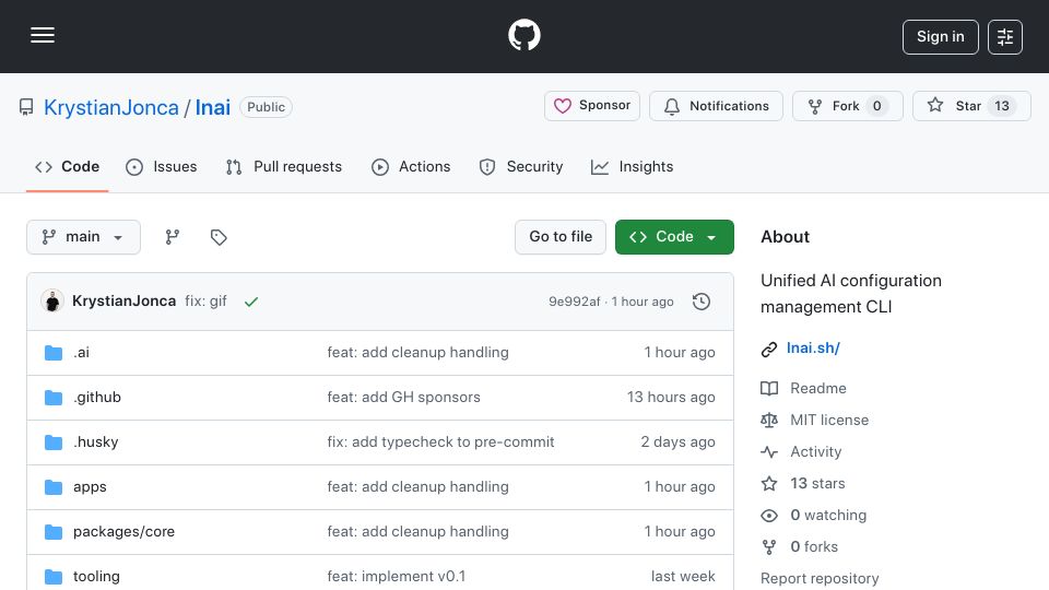 Screenshot of github.com: LNAI – Define AI coding tool configs once, sync to Claude, Cursor, Codex, etc.
