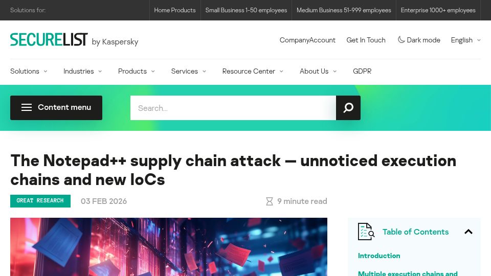 Screenshot of securelist.com: Notepad++ supply chain attack breakdown