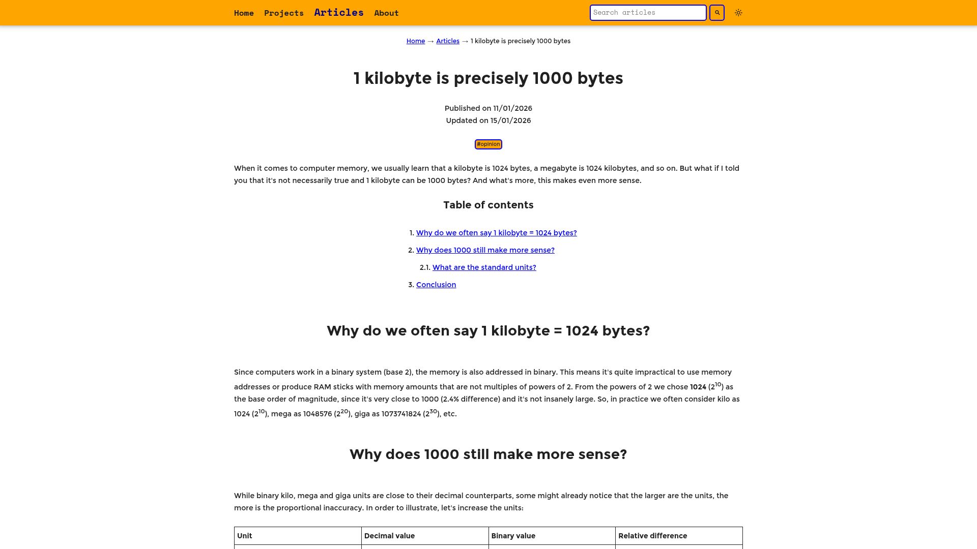 Screenshot of waspdev.com: 1 kilobyte is precisely 1000 bytes?
