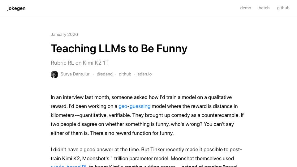 Screenshot of jokegen.sdan.io: Training a trillion parameter model to be funny