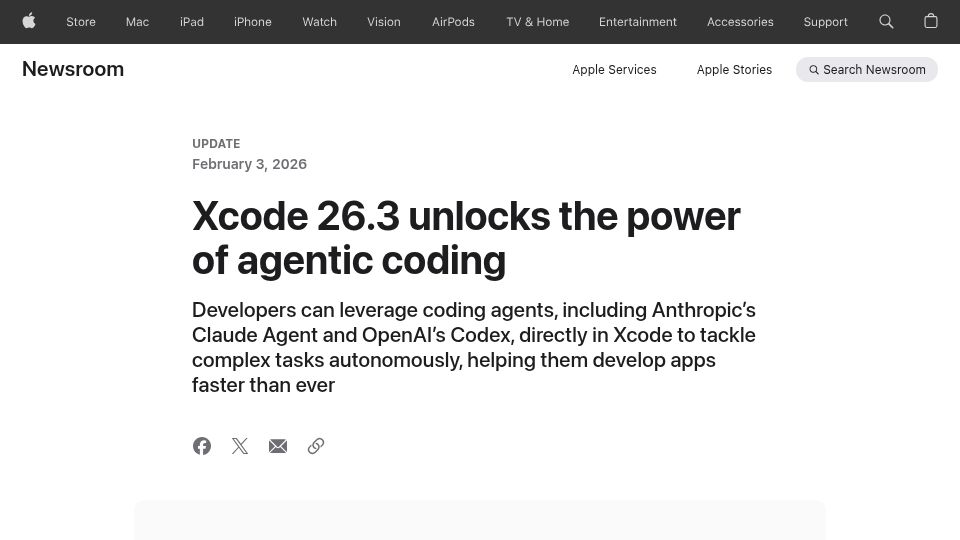 Screenshot of apple.com: Xcode 26.3 – Developers can leverage coding agents directly in Xcode