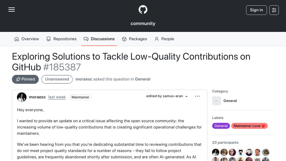 Screenshot of github.com: GitHub discusses giving maintainers control to disable PRs