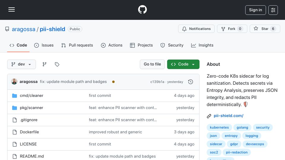 Screenshot of github.com: Show HN: PII-Shield – Log Sanitization Sidecar with JSON Integrity (Go, Entropy)
