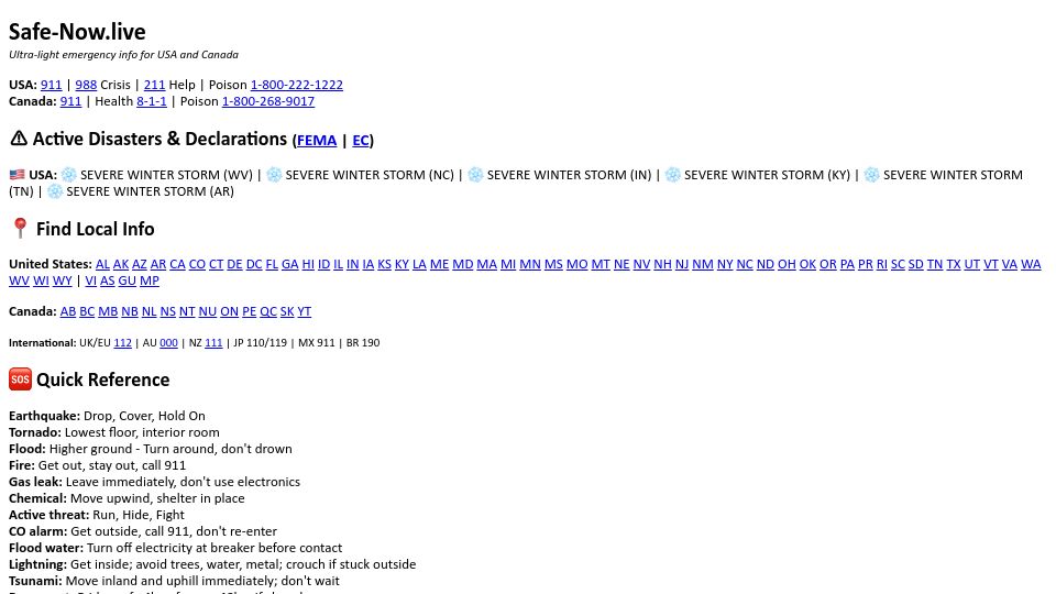 Screenshot of safe-now.live: Show HN: Safe-now.live – Ultra-light emergency info site (<10KB)