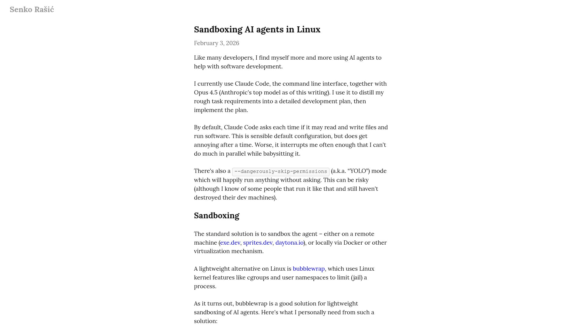 Screenshot of blog.senko.net: Sandboxing AI Agents in Linux