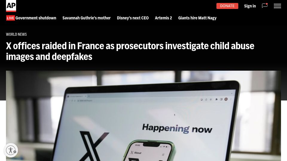 Screenshot of apnews.com: X offices raided in France