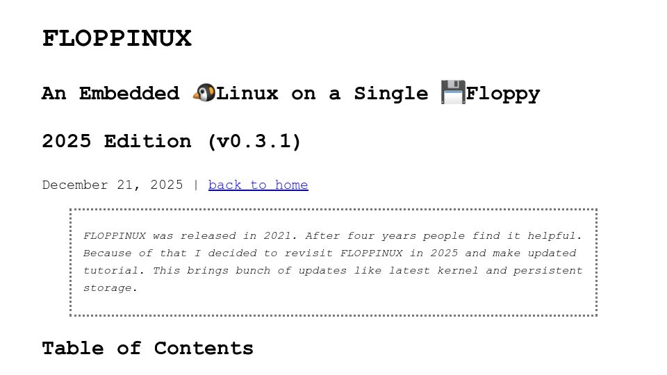 Screenshot of krzysztofjankowski.com: Floppinux – An Embedded Linux on a Single Floppy, 2025 Edition