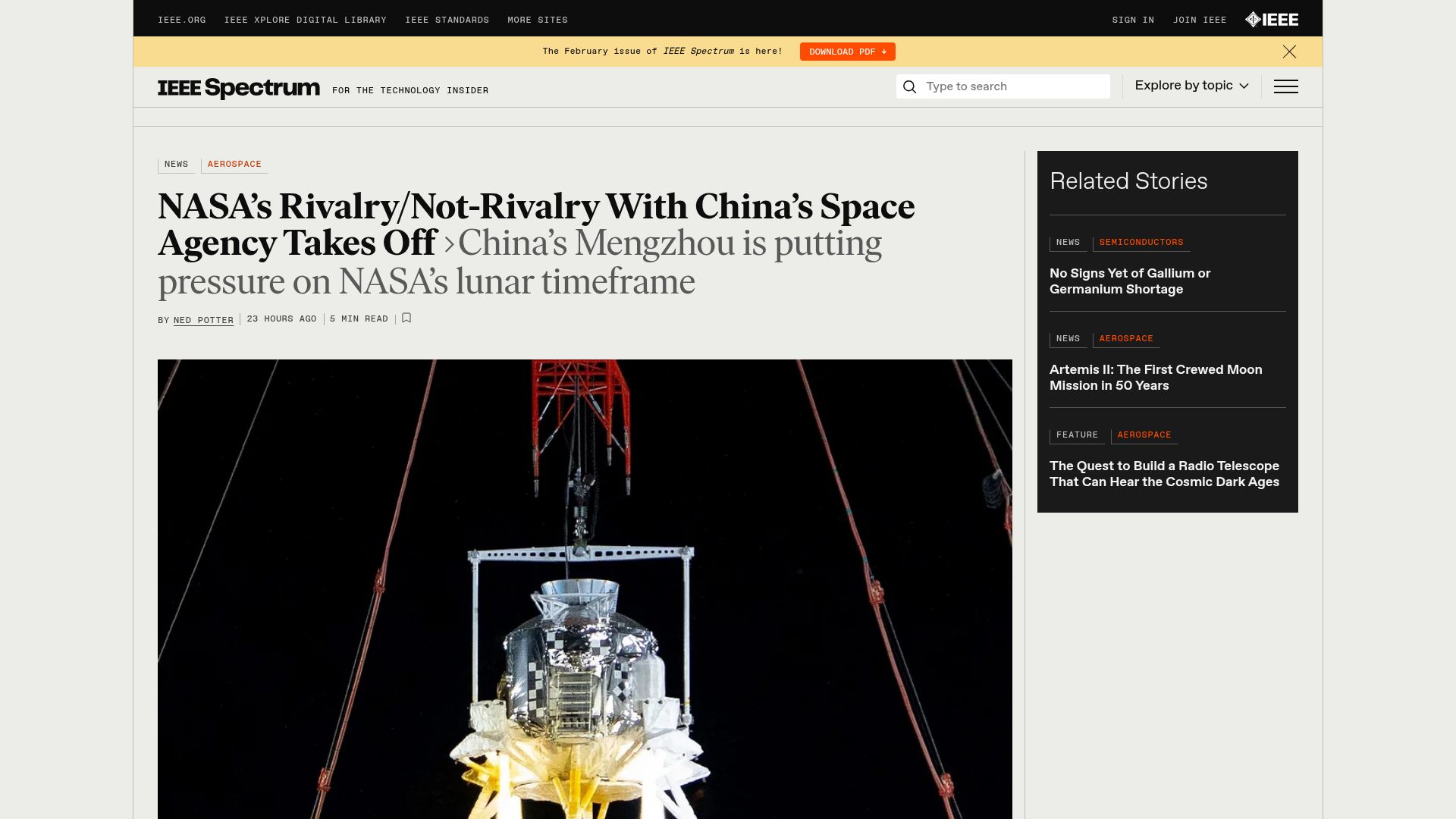 Screenshot of spectrum.ieee.org: China Moon Mission: Aiming for 2030 lunar landing