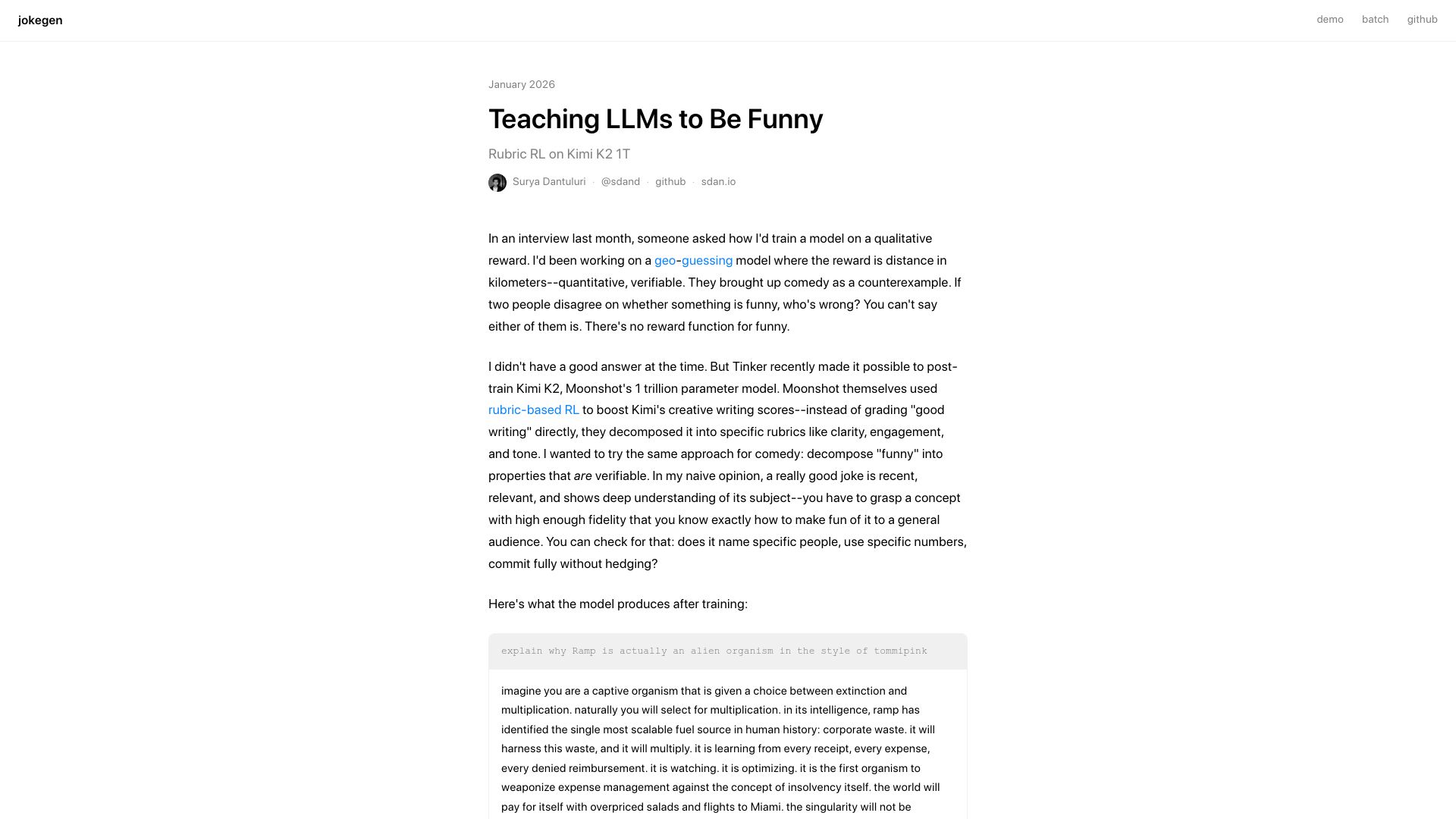 Screenshot of jokegen.sdan.io: Training a trillion parameter model to be funny