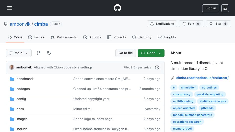 Screenshot of github.com: Show HN: C discrete event SIM w stackful coroutines runs 45x faster than SimPy