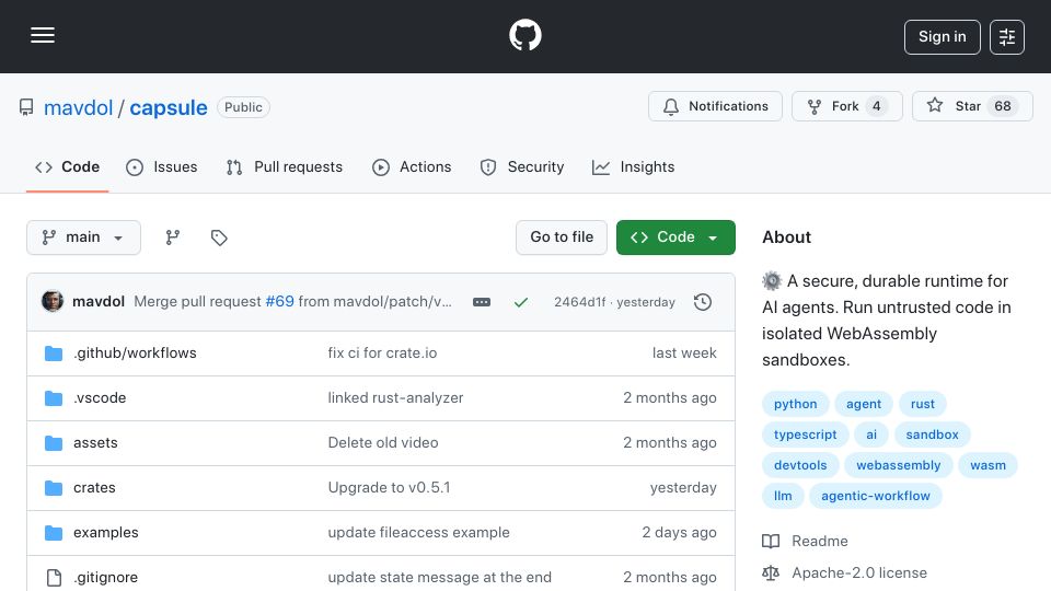 Screenshot of github.com: Show HN: Sandboxing untrusted code using WebAssembly