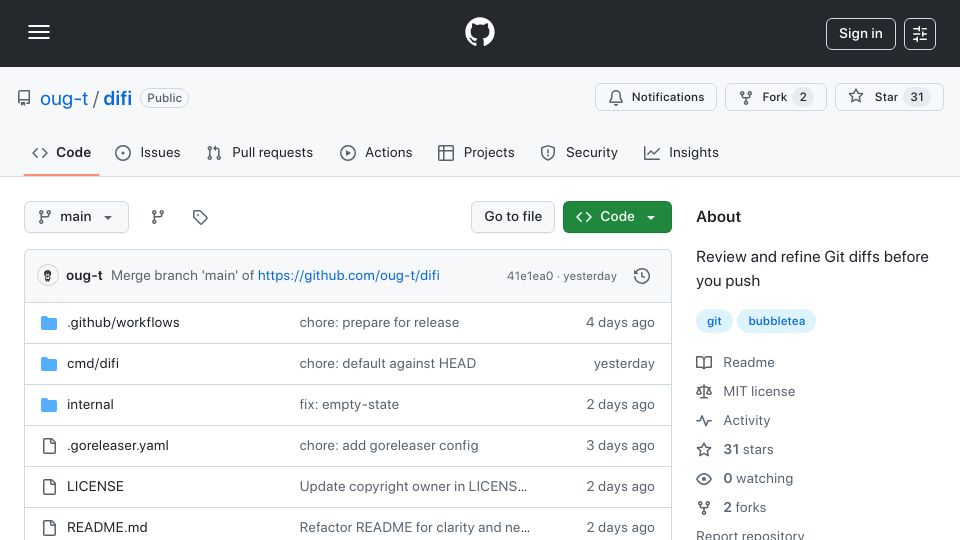 Screenshot of github.com: Show HN: difi – A Git diff TUI with Neovim integration (written in Go)