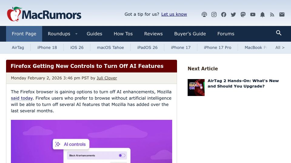 Screenshot of macrumors.com: Firefox Getting New Controls to Turn Off AI Features
