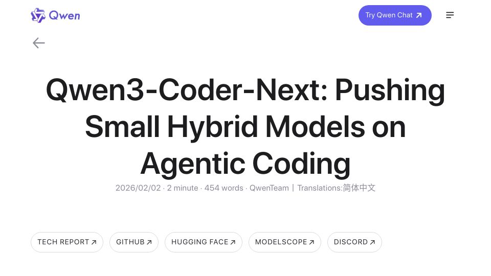 Screenshot of qwen.ai: Qwen3-Coder-Next