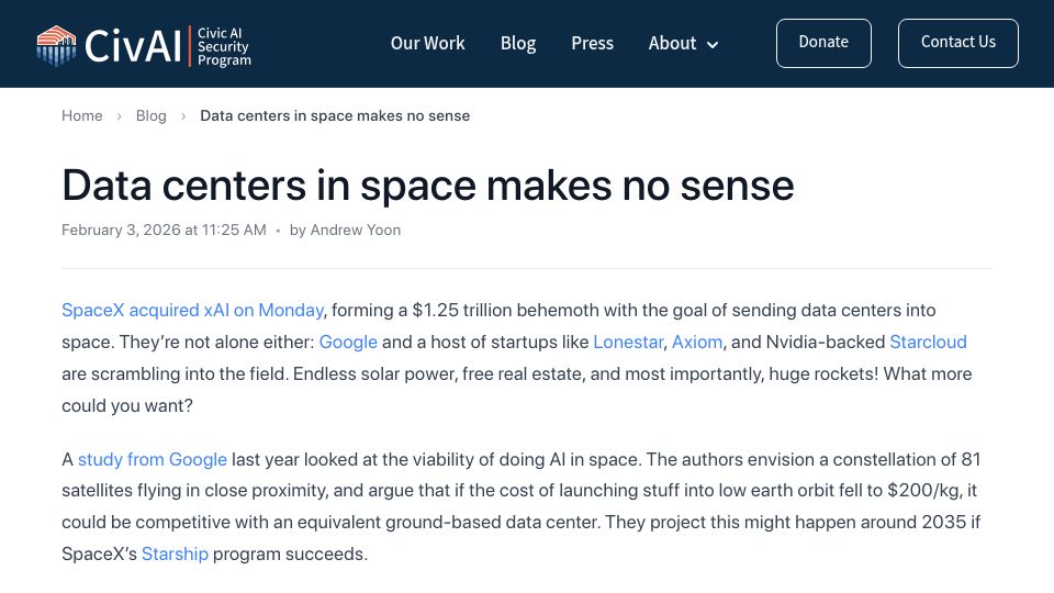 Screenshot of civai.org: Data centers in space makes no sense