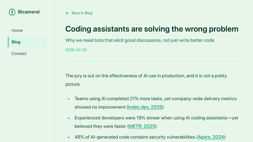 Screenshot of bicameral-ai.com: Coding assistants are solving the wrong problem