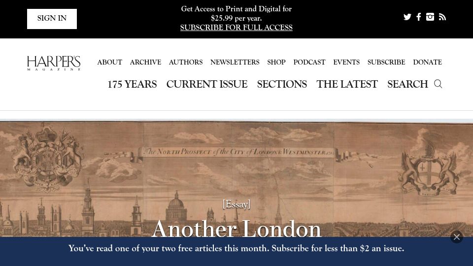 Screenshot of harpers.org: Another London: Excavating the disenchanted city