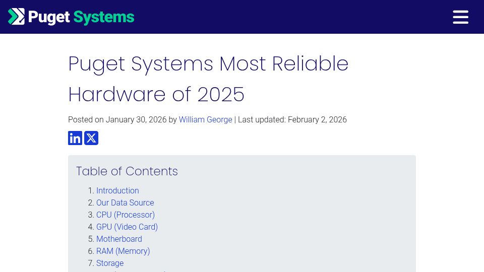 Screenshot of pugetsystems.com: Puget Systems Most Reliable Hardware of 2025