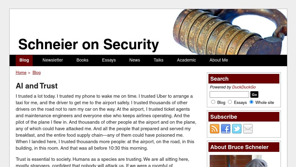 Screenshot of schneier.com: AI and Trust (2023)
