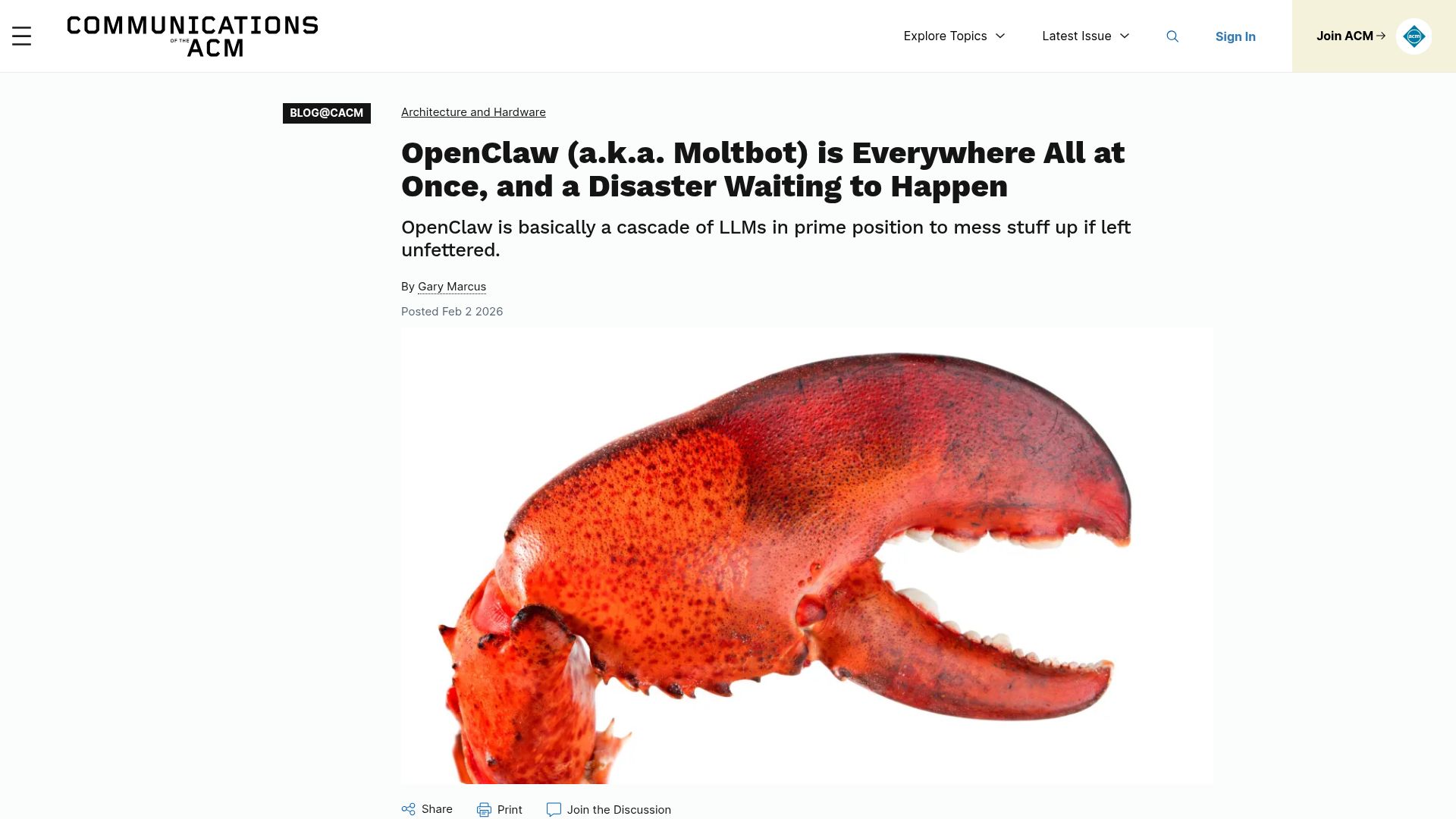 Screenshot of cacm.acm.org: OpenClaw is basically a cascade of LLMs in prime position to mess stuff up