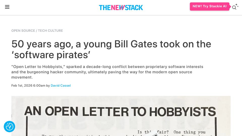 Screenshot of thenewstack.io: 50 years ago, a young Bill Gates took on the 'software pirates'
