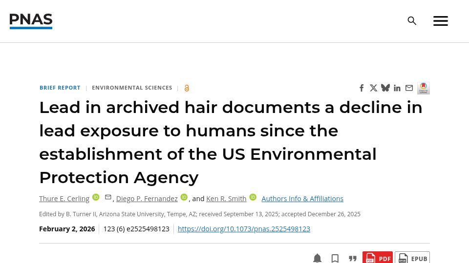 Screenshot of pnas.org: Lead in archived hair documents a decline in lead exposure to humans after EPA