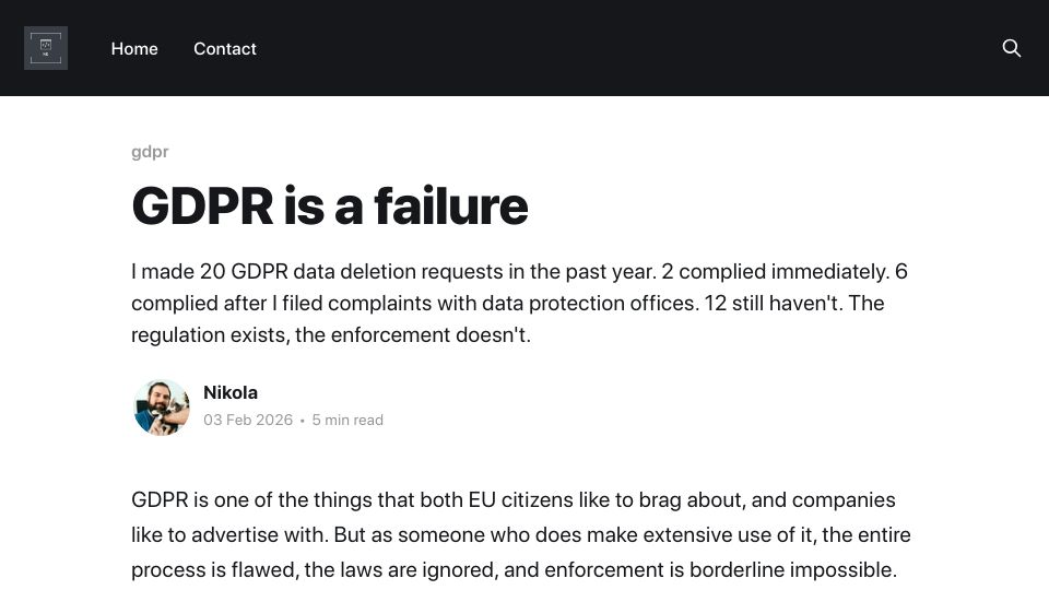 Screenshot of nikolak.com: I made 20 GDPR deletion requests. 12 were ignored