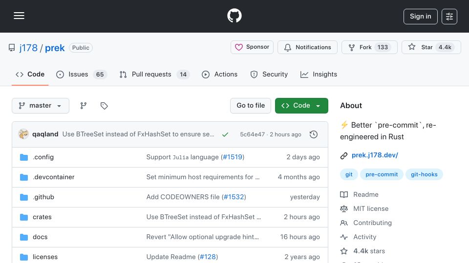 Screenshot of github.com: Prek: A better, faster, drop-in pre-commit replacement, engineered in Rust