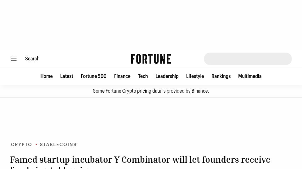 Screenshot of fortune.com: Y Combinator will let founders receive funds in stablecoins