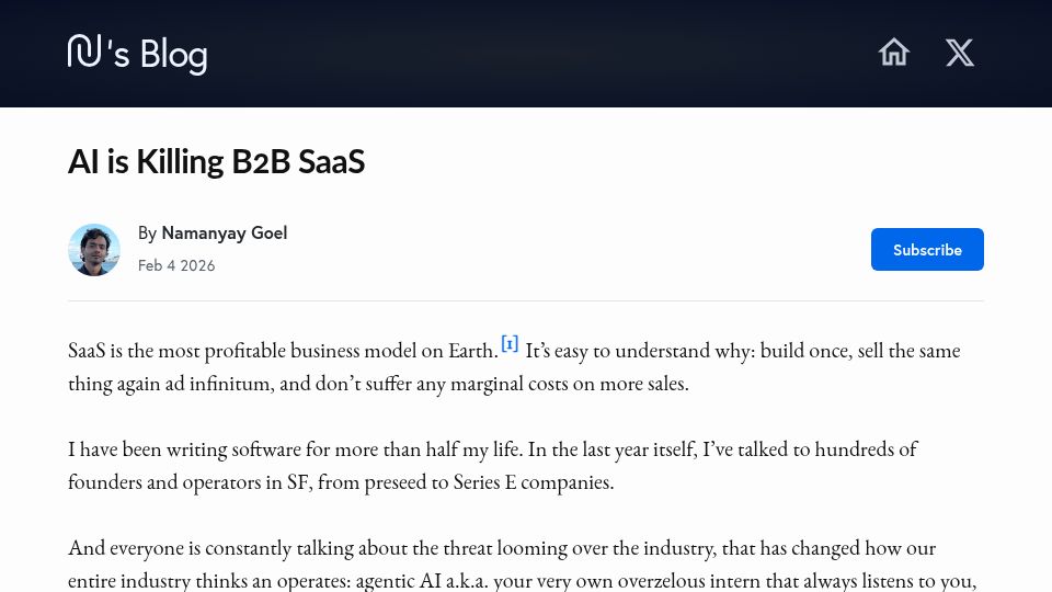 Screenshot of nmn.gl: AI is killing B2B SaaS