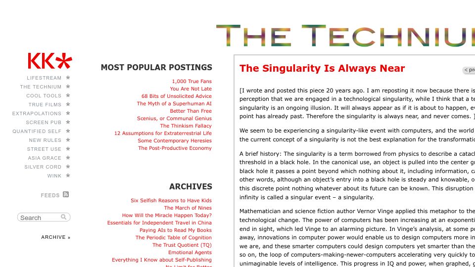 Screenshot of kk.org: The Singularity Is Always Near (2006)