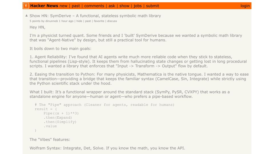 Screenshot of Hacker News post: Show HN: SymDerive – A functional, stateless symbolic math library