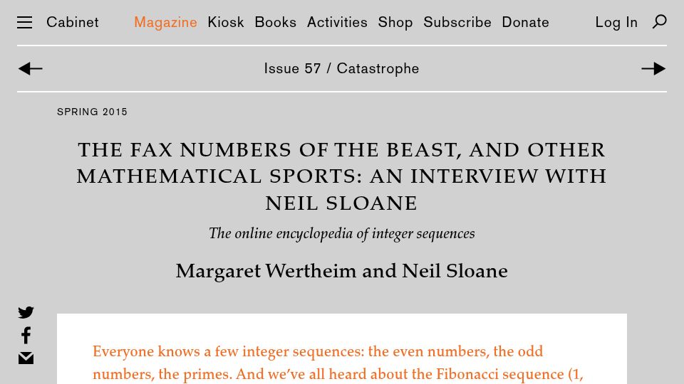 Screenshot of cabinetmagazine.org: The fax numbers of the beast, and other mathematical sports